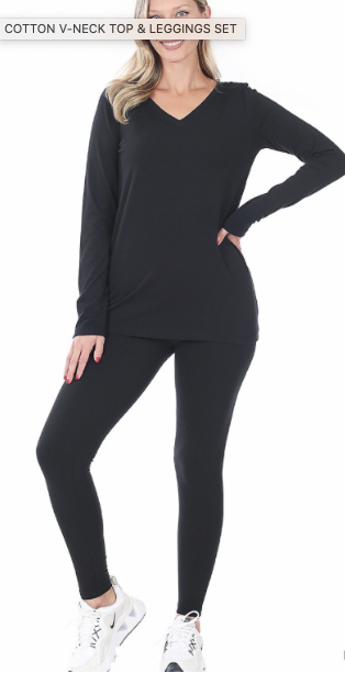 Cotton V-Neck Top & Leggings Set