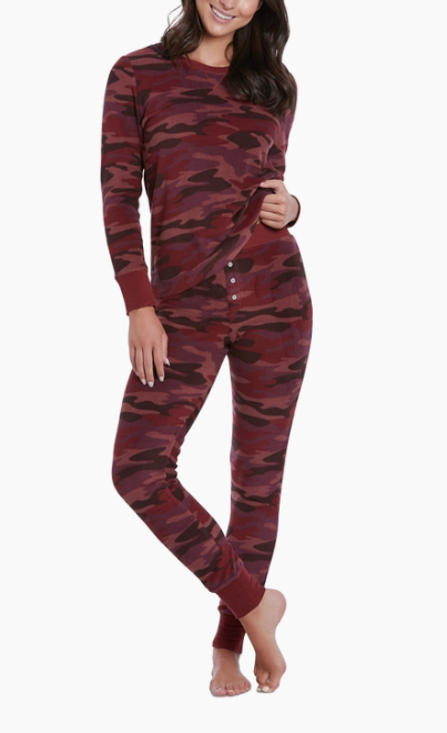 Camouflage Print Micro Fleece 2 Piece Set, Burgundy