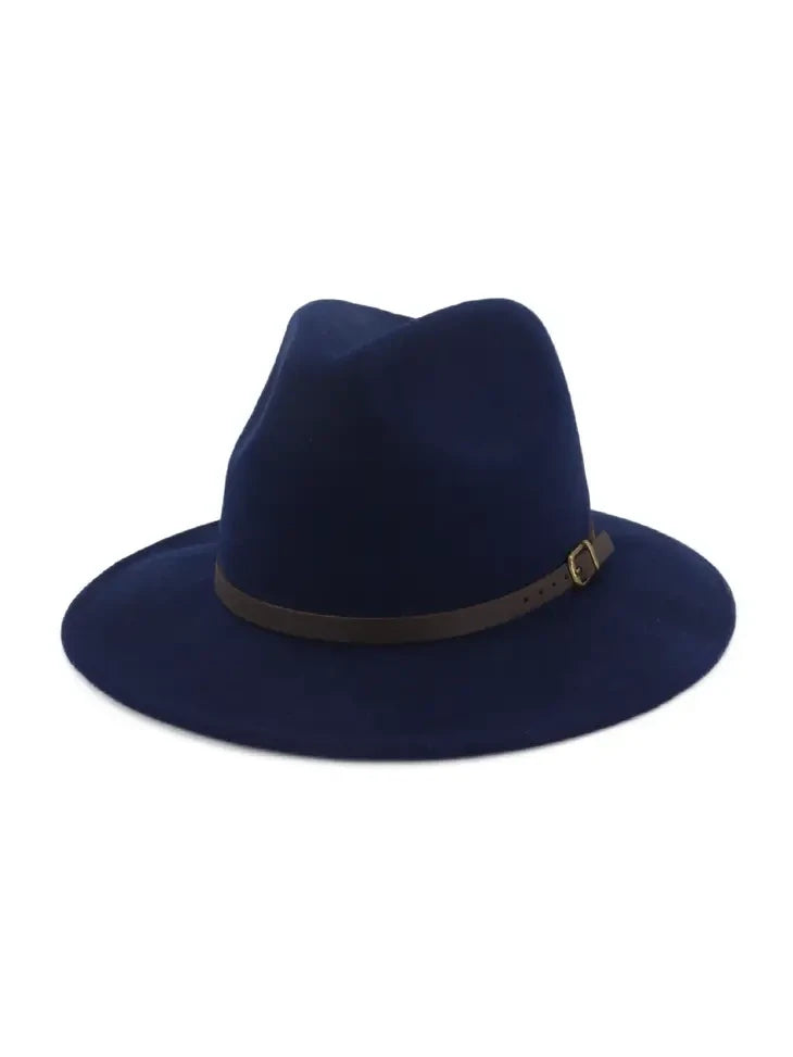 100% Wool Retro Flat Big Brim Hat With Buckle | navy