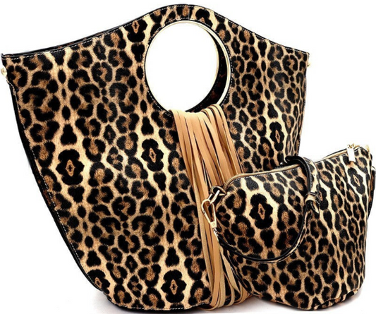Fringed Leopard Print 2 in 1 Round Satchel Faux Leather