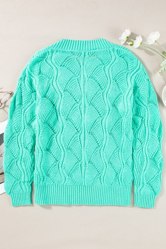 Hollow-Out Knit V-Neck Drop Shoulder Sweater