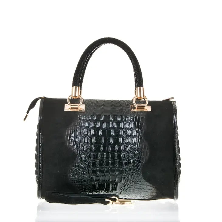 Anacapri Womens Tote Bag. Genuine Leather Suede Engraved Black